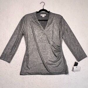 Liz Claiborne Top Blouse Silver Metallic Faux Wrap Rucched 3/4 Sleeve Size M NWT